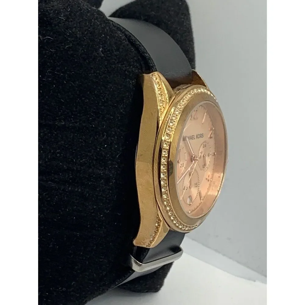 Michael Kors MK5859 Women Black Leather Analog Rose Gold Dial Quartz Watch JD246